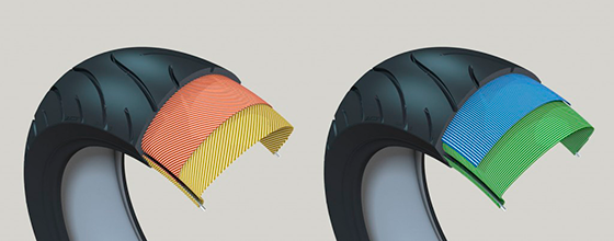 Diferença entre pneu de construção diagonal (esquerda) e  radial (direita)